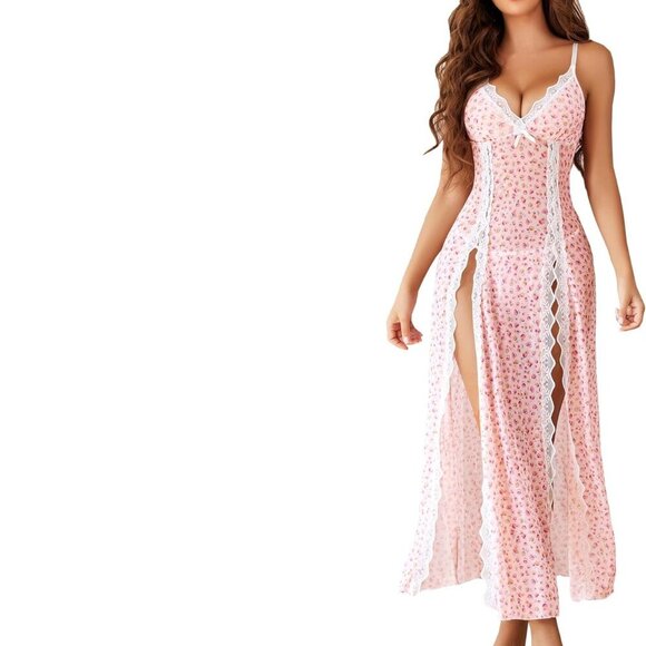 NWT Avidlove Baby Pink Mesh Maxi Lace Slit Lingerie Negligee Slip Maxi Dress XXL - Picture 1 of 13